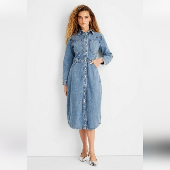 Future Collective Dresses & Skirts - Future Collective Denim Long Sleeve Button Front 100% Cotton Shirt Dress, Size 4